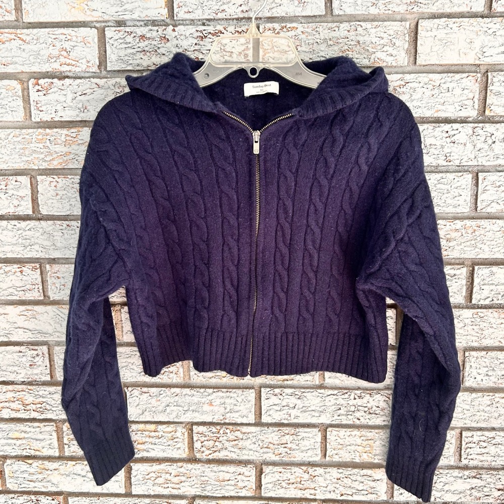 Aritzia Sunday Best Navy‎ Wool BlendCable Knit Zip Up Cropped Hoodie Sweater  XS